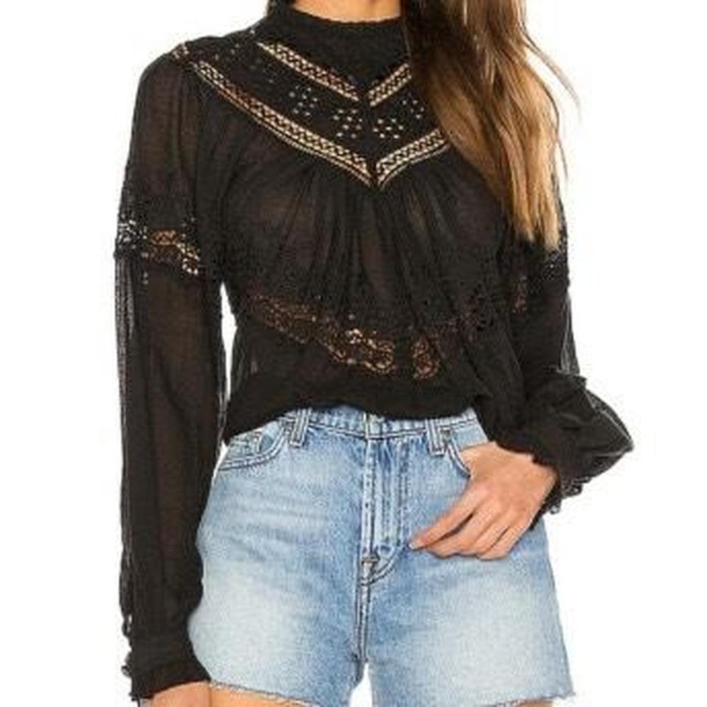 Free People Abigail Lace Blouse Women's Size Small Black Ruffle Lace Ribbon Boho